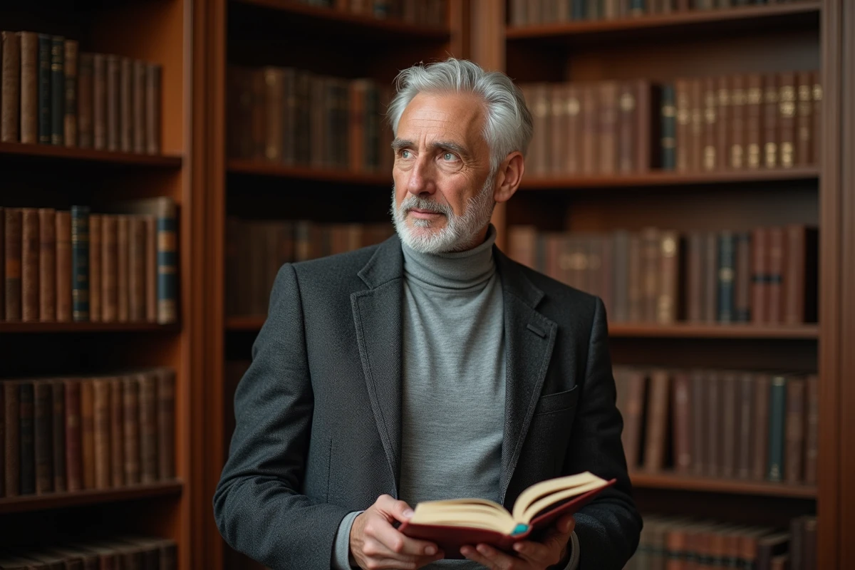 Portrait d'un intellectuel français dans une bibliothèque privée avec des étagères de livres anciens, évoquant la confusion fréquente entre Philippe Mabille et Bernard Mabille