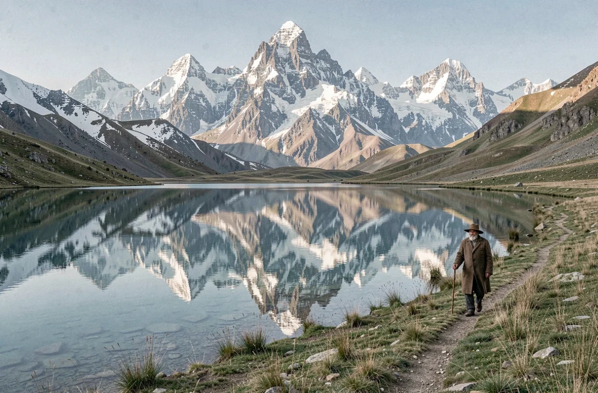 Berger iranien marchant au bord d'un lac alpin reflétant les sommets enneigés de la chaîne de l'Alborz