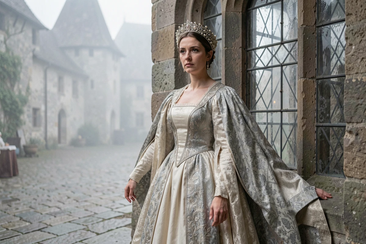 Reconstitution d'Isabeau de Bavière en reine médiévale de France, portant une robe ivoire et argent ornée de perles, debout près d'une fenêtre en pierre de château, expression mélancolique et digne