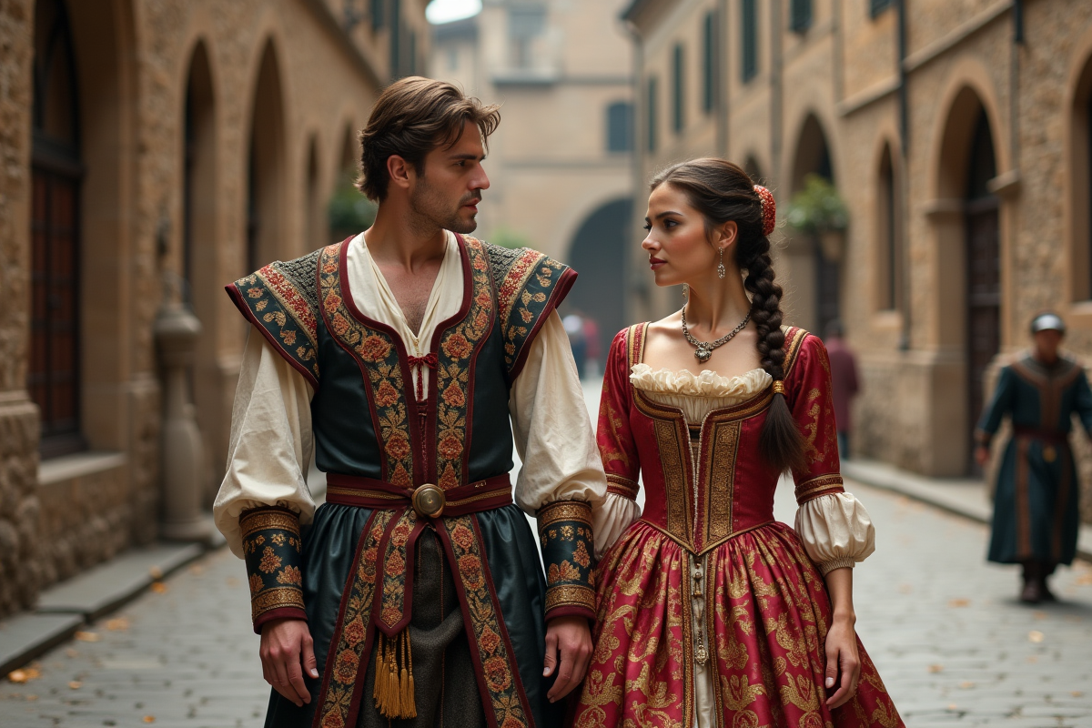 Jeune couple en costumes Renaissance dans une rue pavée historique