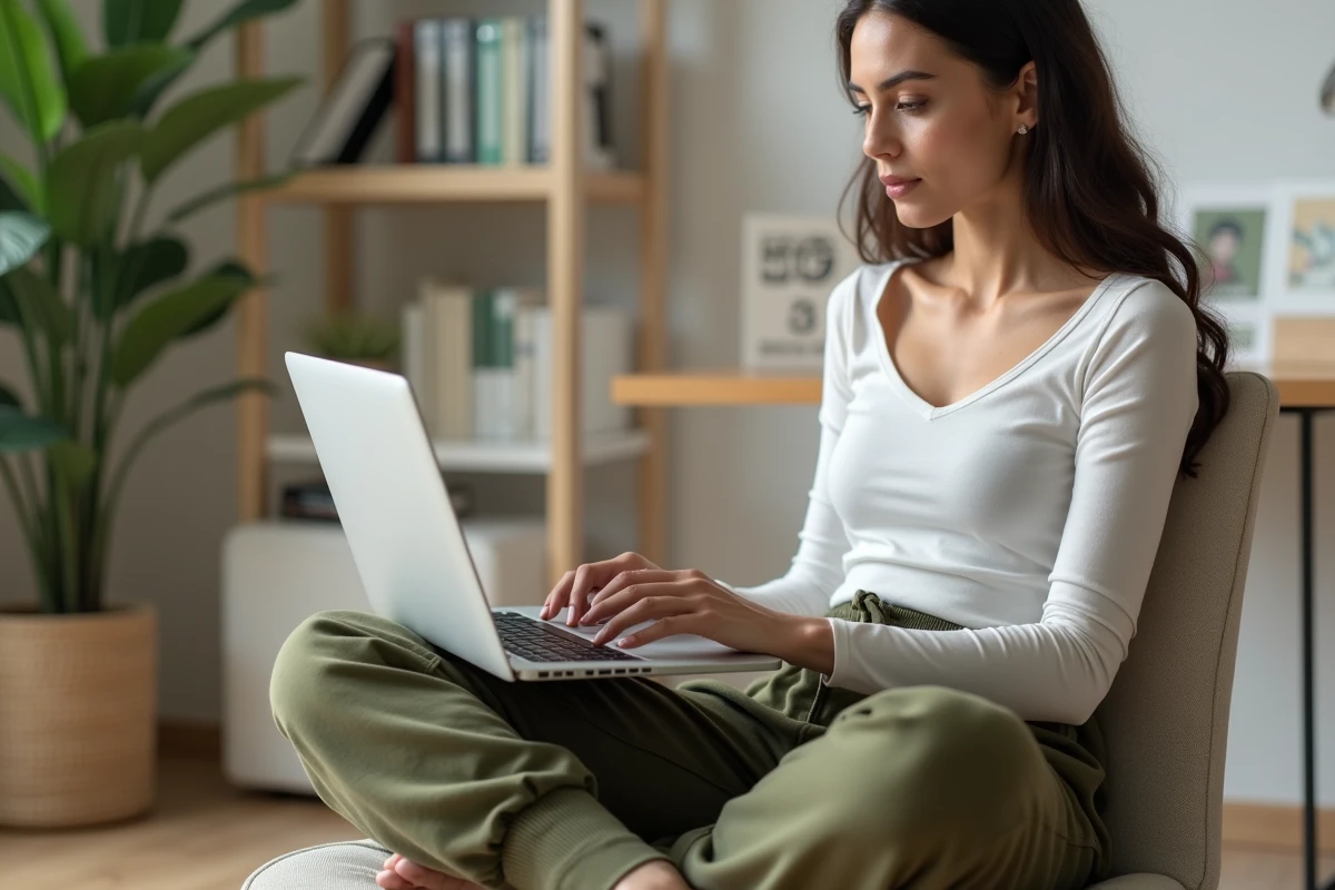 Jeune femme parcourant un site d'abonnement à des magazines sur son ordinateur portable à domicile