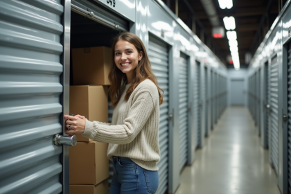Jeune femme ouvre un espace de stockage moderne