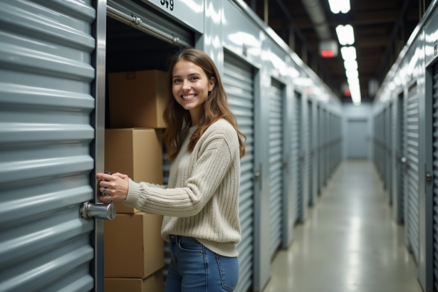 Jeune femme ouvre un espace de stockage moderne