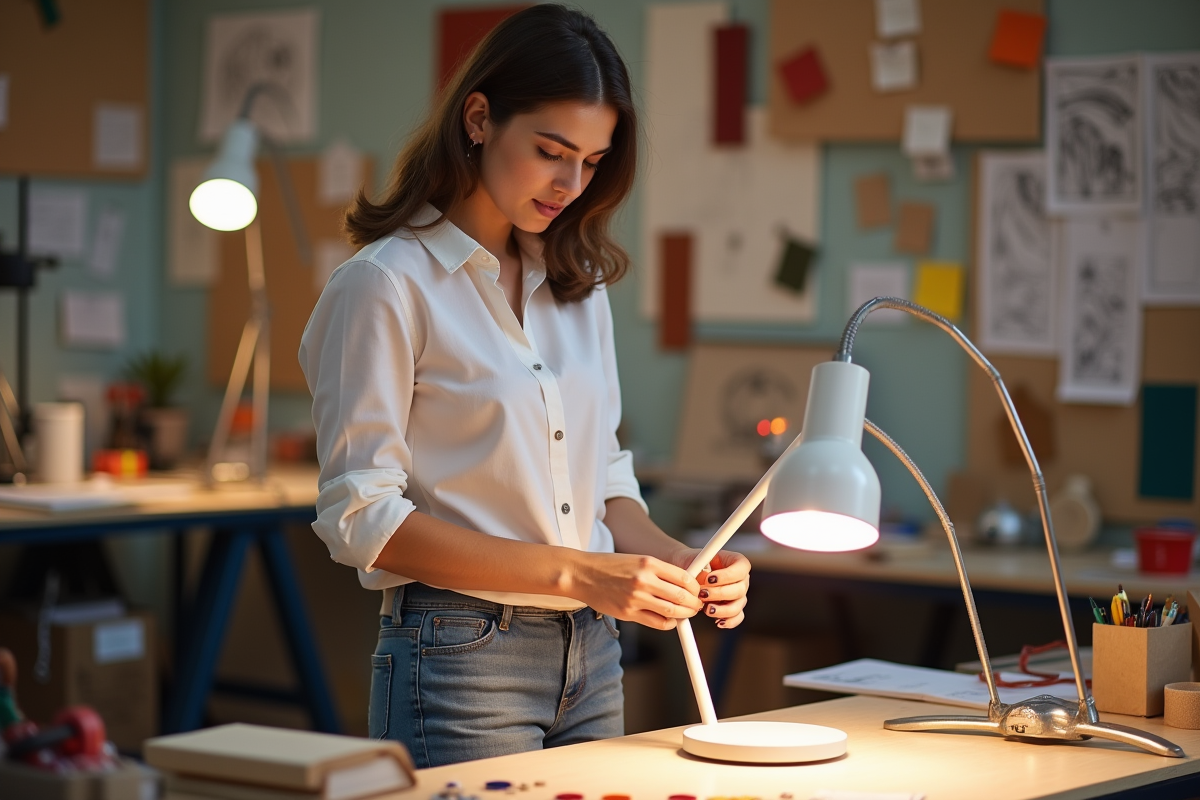 Jeune femme assemble une lampe dans un atelier coloré
