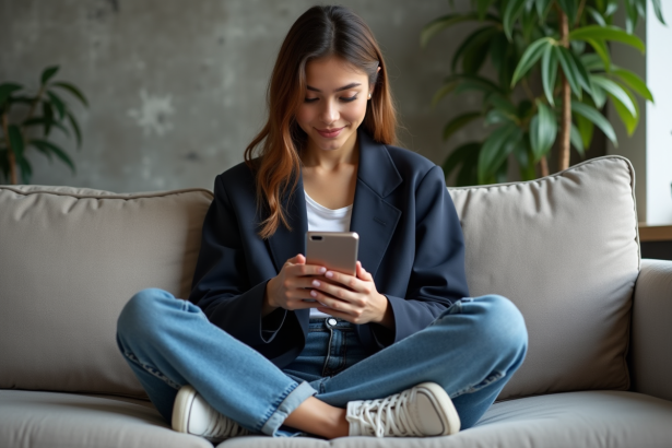 Jeune femme en blazer et jeans dans un salon cosy