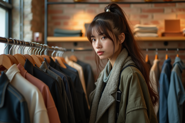 Jeune femme en streetwear dans une boutique urbaine