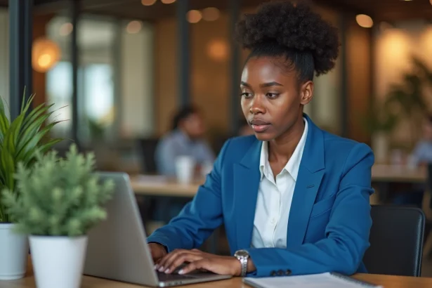 Jeune femme noire en blazer bleu au travail en coworking