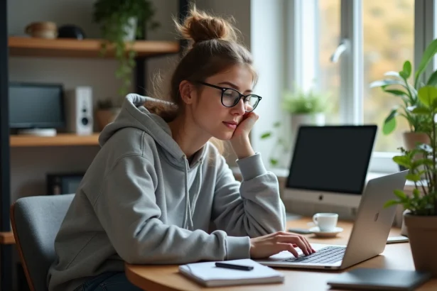 Jeune femme concentrée sur son ordinateur dans sa chambre lumineuse