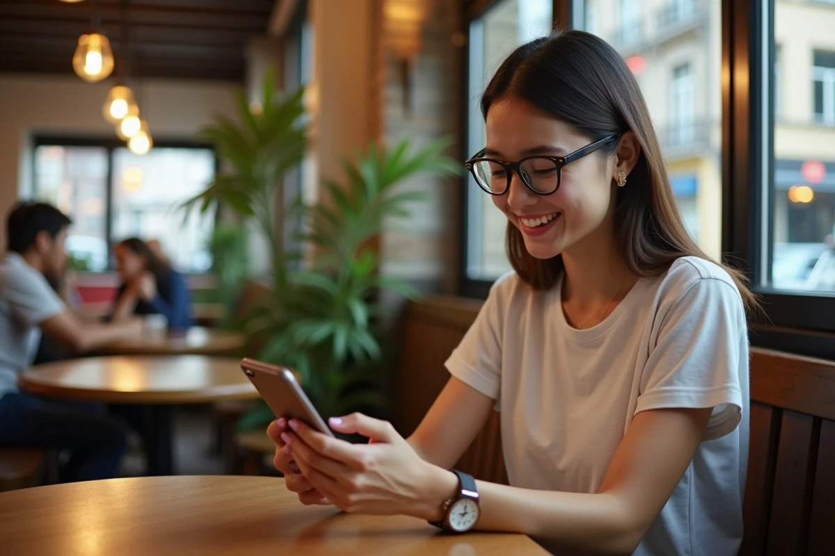 Jeune femme dans un café jouant à Clash of Clans sur smartphone