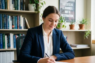 Jeune femme concentrée remplissant un formulaire d'inscription universitaire