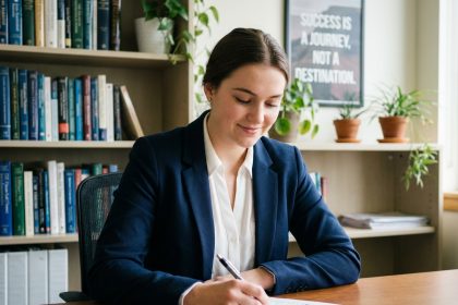 Jeune femme concentrée remplissant un formulaire d'inscription universitaire