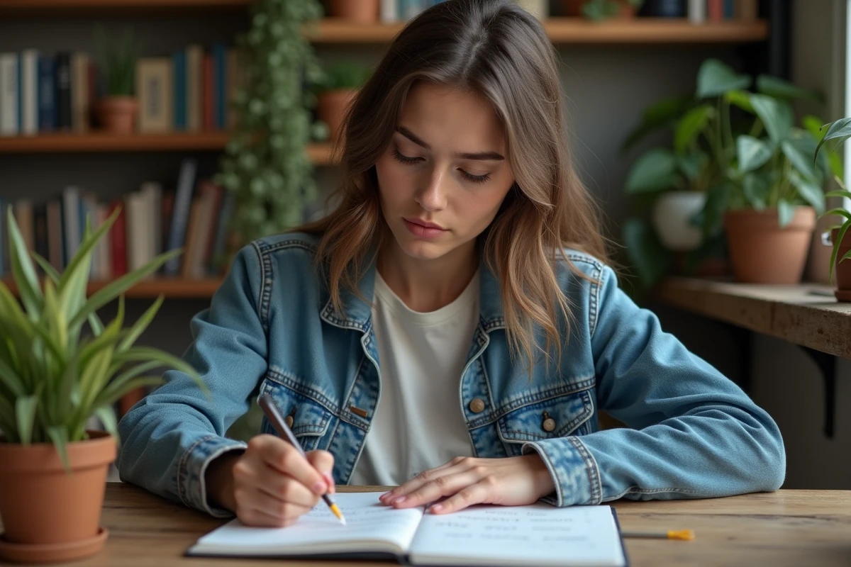 Jeune femme en denim écrit des paroles dans un carnet