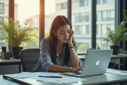 Jeune femme fatiguée au bureau avec documents et ordinateur
