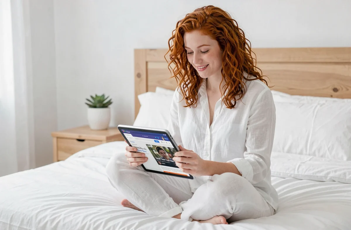 Jeune femme ajoutant un site de streaming de films en favori sur une tablette dans sa chambre