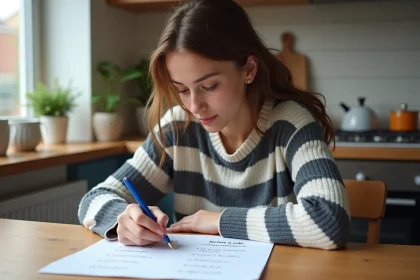 Jeune femme en sweater à la maison étudie la grammaire française