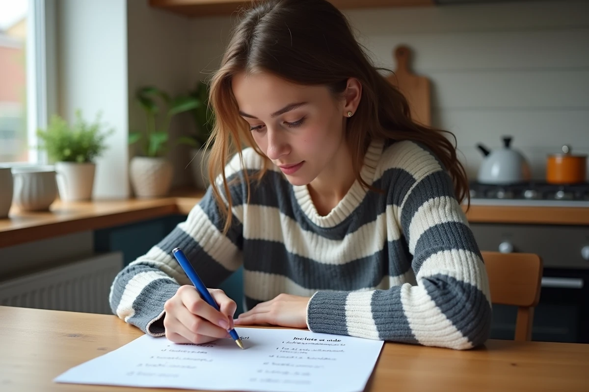 Jeune femme en sweater à la maison étudie la grammaire française