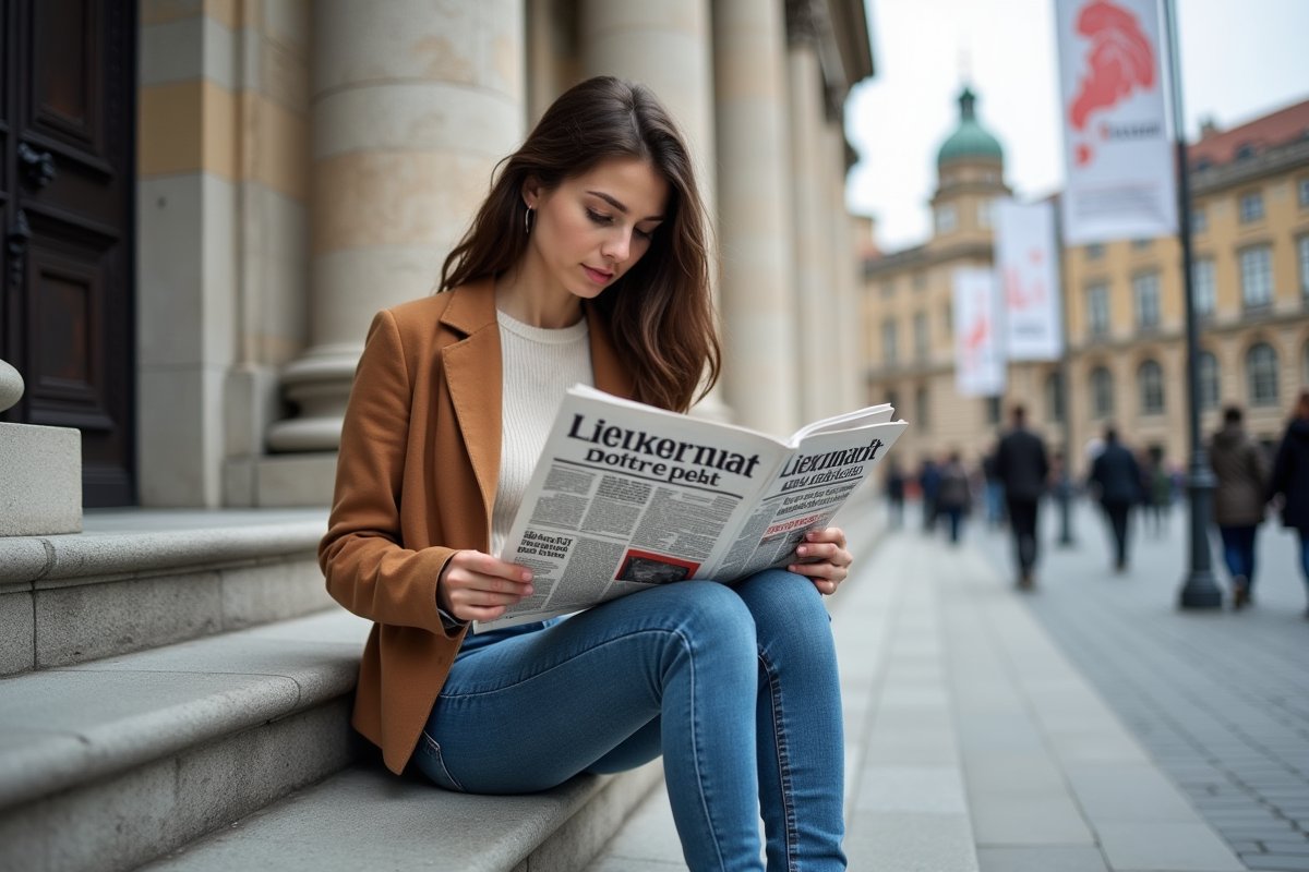 Jeune femme lisant un journal devant un bâtiment européen
