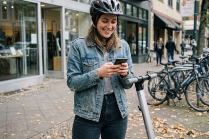 Jeune femme en denim avec casque scooter urbain checkant son smartphone