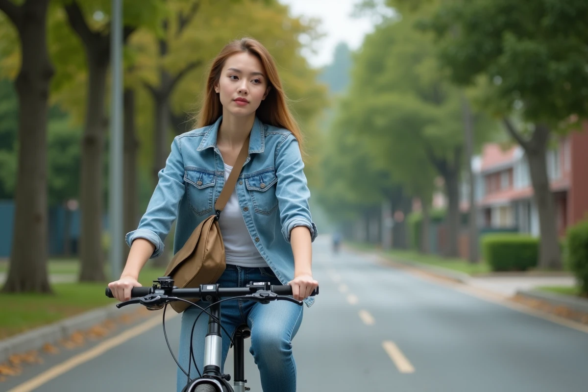 Jeune femme à vélo électrique dans un quartier résidentiel