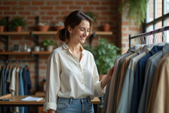 Jeune femme examine des vêtements durables dans une boutique écologique