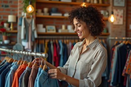 Jeune femme souriante dans une boutique vintage mode