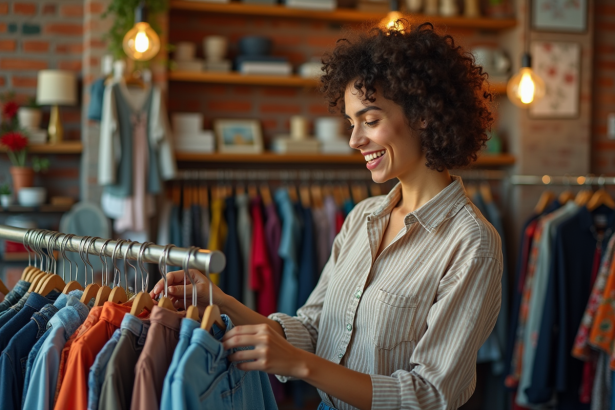 Jeune femme souriante dans une boutique vintage mode
