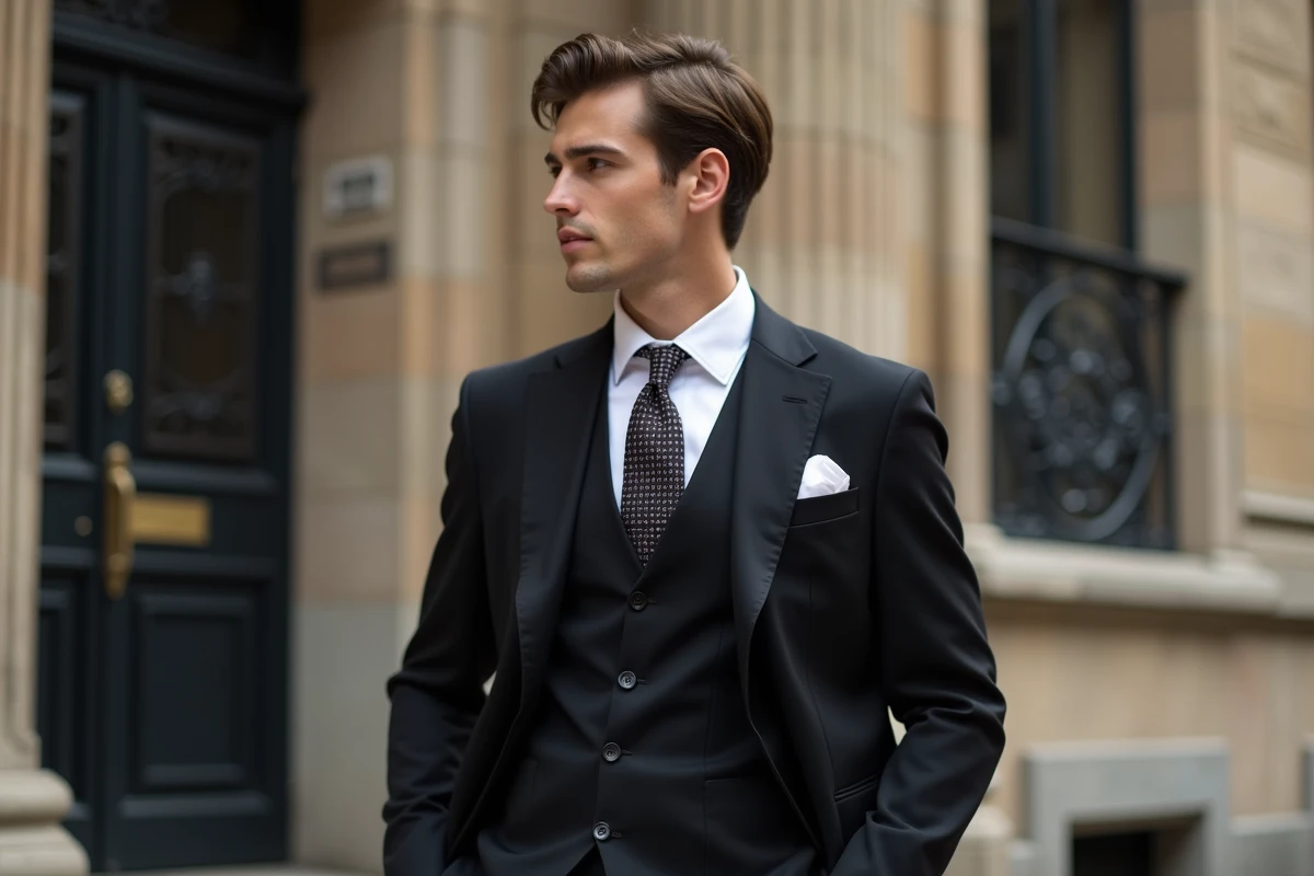 Jeune homme en costume noir près d