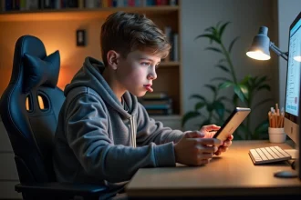 Jeune homme concentré jouant à Clash of Clans sur tablette dans un bureau