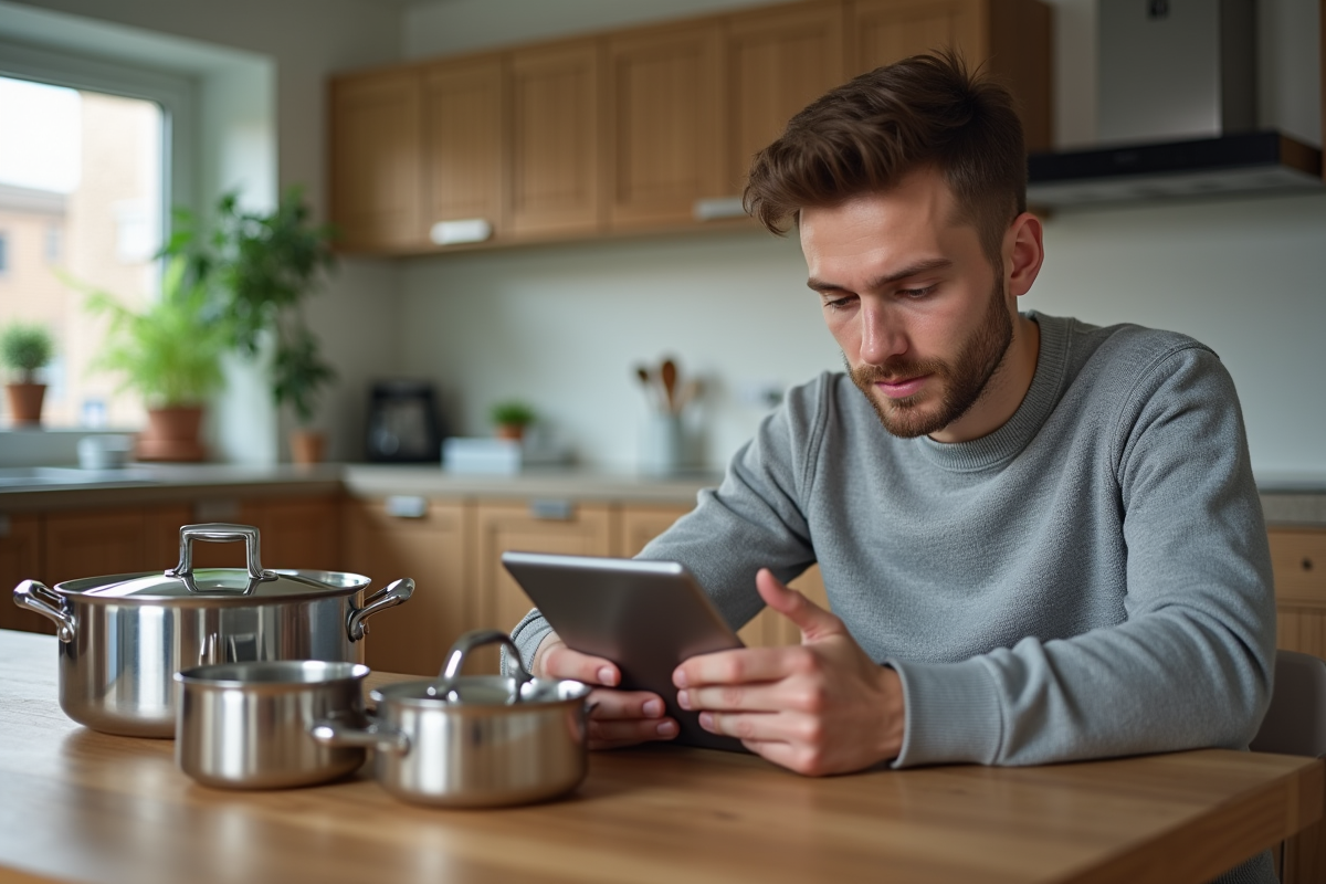 Jeune homme cherchant des casseroles sur une tablette à table