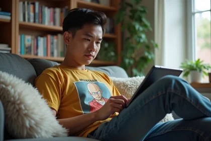 Jeune homme en t-shirt Saitama assis avec une tablette dans un salon