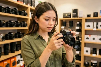 Jeune femme découvrant un appareil photo mirrorless dans un magasin de photographie, idéal pour débuter la photographie