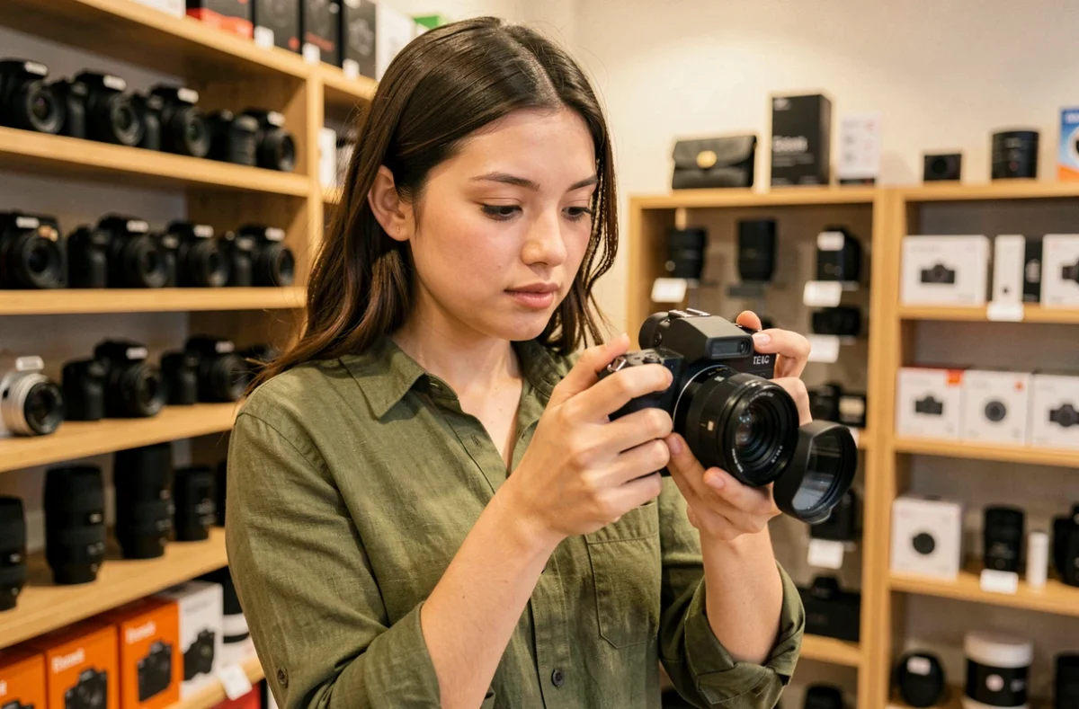 Jeune femme découvrant un appareil photo mirrorless dans un magasin de photographie, idéal pour débuter la photographie
