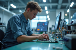 Jeune professionnel en laboratoire électronique travaillant sur circuits