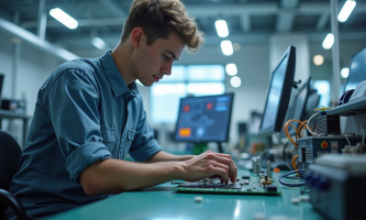 Jeune professionnel en laboratoire électronique travaillant sur circuits
