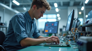 Jeune professionnel en laboratoire électronique travaillant sur circuits