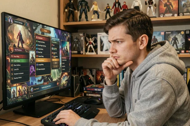 Joueur frustré devant un écran affichant une quête de jeu vidéo fantasy avec menus colorés