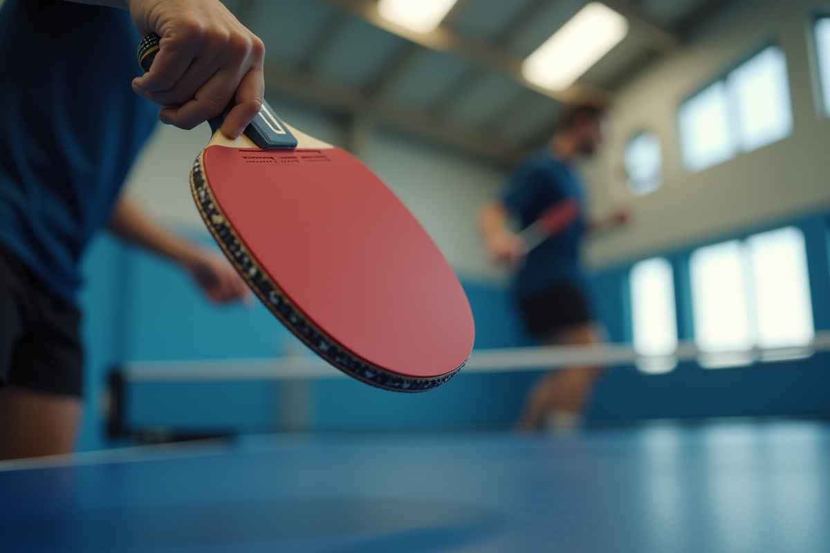 Joueur de tennis de table professionnel prêt à servir avec raquette détaillée