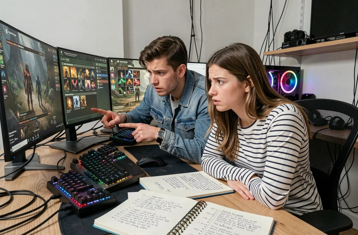 Deux joueurs analysant ensemble des notes de quête devant un double écran de jeu RPG fantasy
