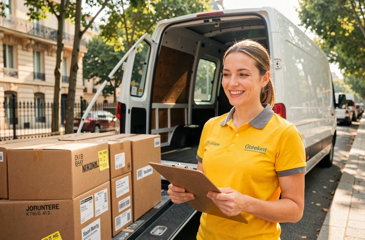 Coordinatrice Kalifrance supervisant le chargement de cartons dans un camion de déménagement à Paris