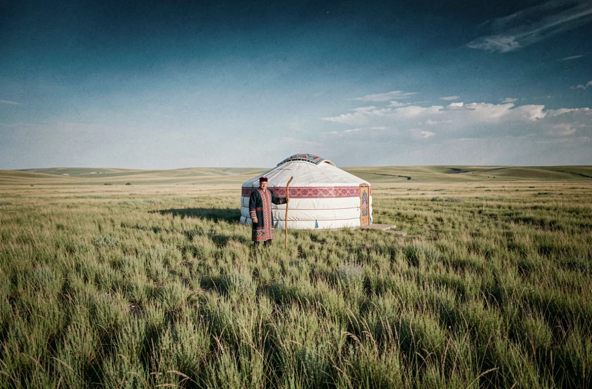 Yourte traditionnelle kazakhe sur la steppe immense avec un homme en chapan traditionnel tenant un bâton en bois
