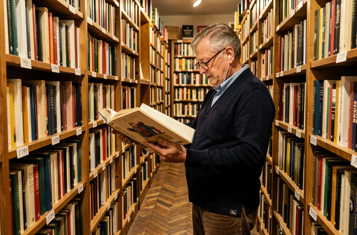 Homme lisant un livre d'histoire de France dans une librairie indépendante aux étagères chargées de volumes anciens