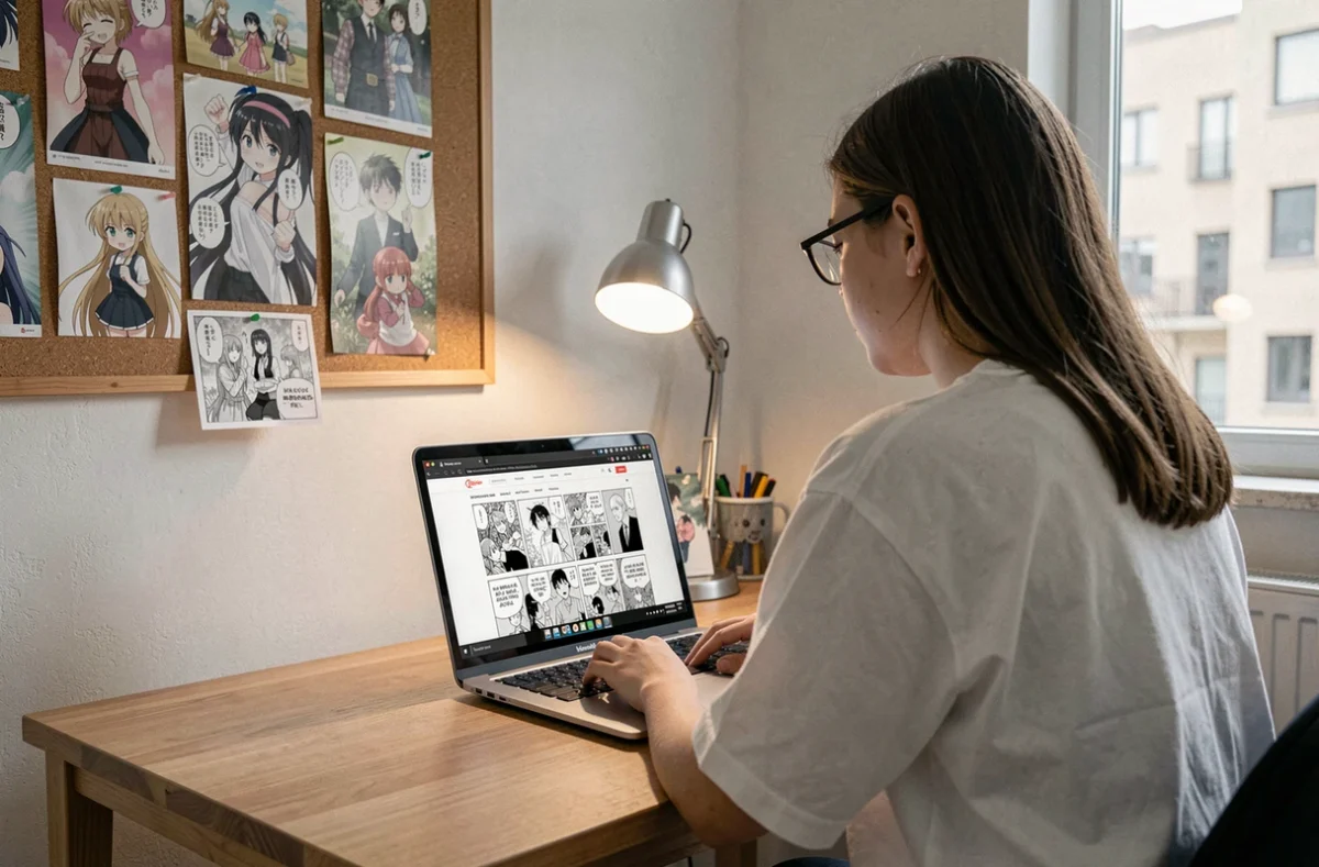 Adolescente lisant One Piece en français sur un site de lecture en ligne depuis son bureau