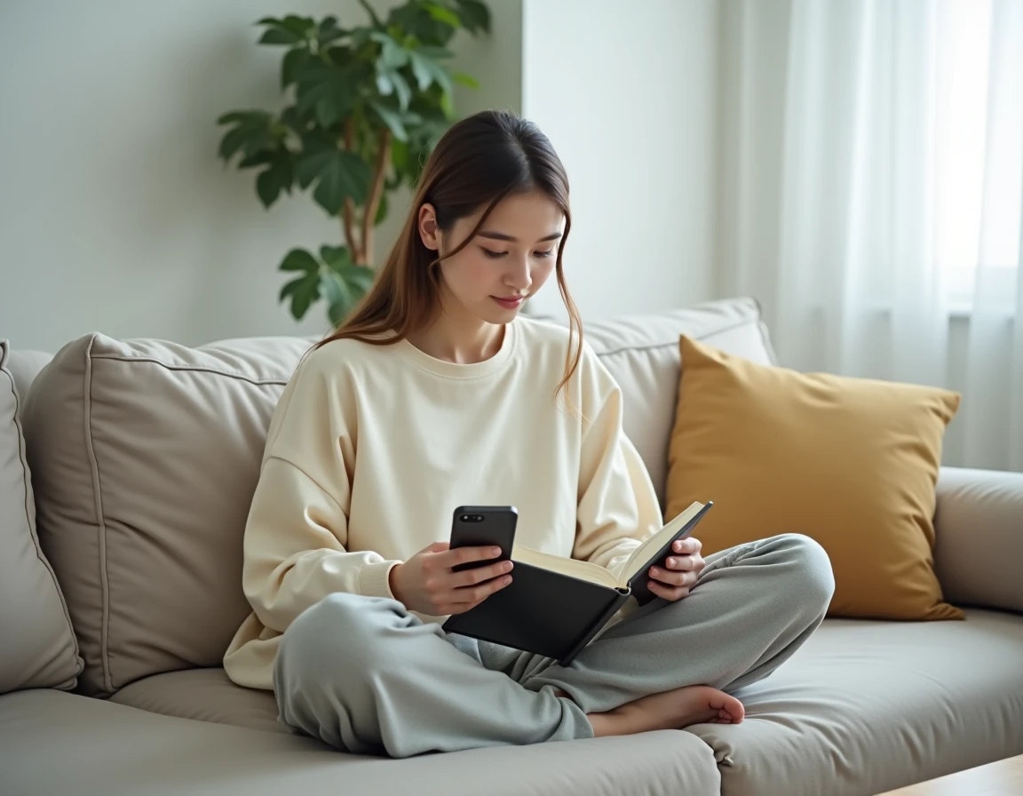 Jeune femme lisant un chapitre de One Piece sur smartphone dans un salon moderne minimaliste
