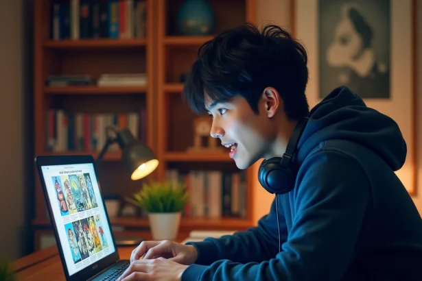 Jeune homme lisant un scan de manga One Piece sur ordinateur portable dans sa chambre