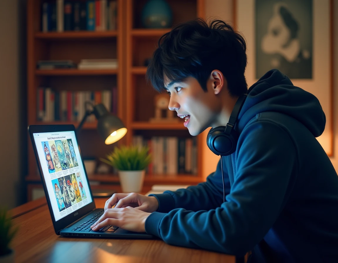 Jeune homme lisant un scan de manga One Piece sur ordinateur portable dans sa chambre