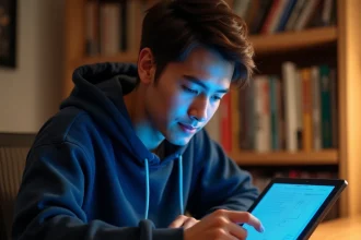 Jeune homme lisant le scan One Piece en ligne sur une tablette dans un bureau cosy entouré de mangas