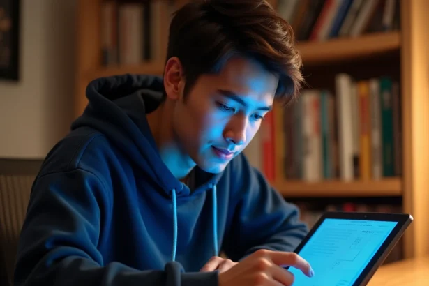 Jeune homme lisant le scan One Piece en ligne sur une tablette dans un bureau cosy entouré de mangas