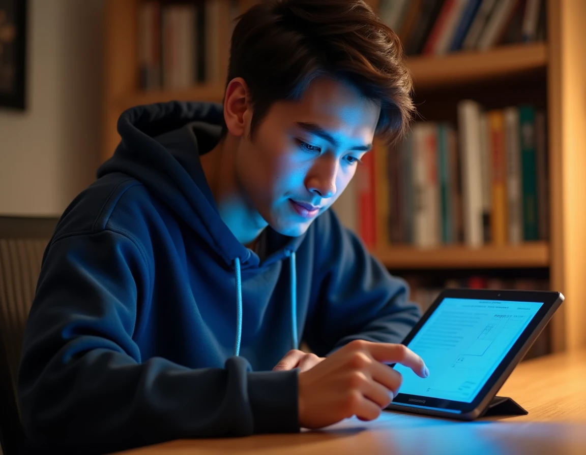 Jeune homme lisant le scan One Piece en ligne sur une tablette dans un bureau cosy entouré de mangas