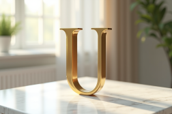 Lettre U en or et bois sur marbre blanc lumineux