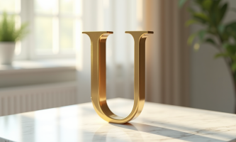 Lettre U en or et bois sur marbre blanc lumineux